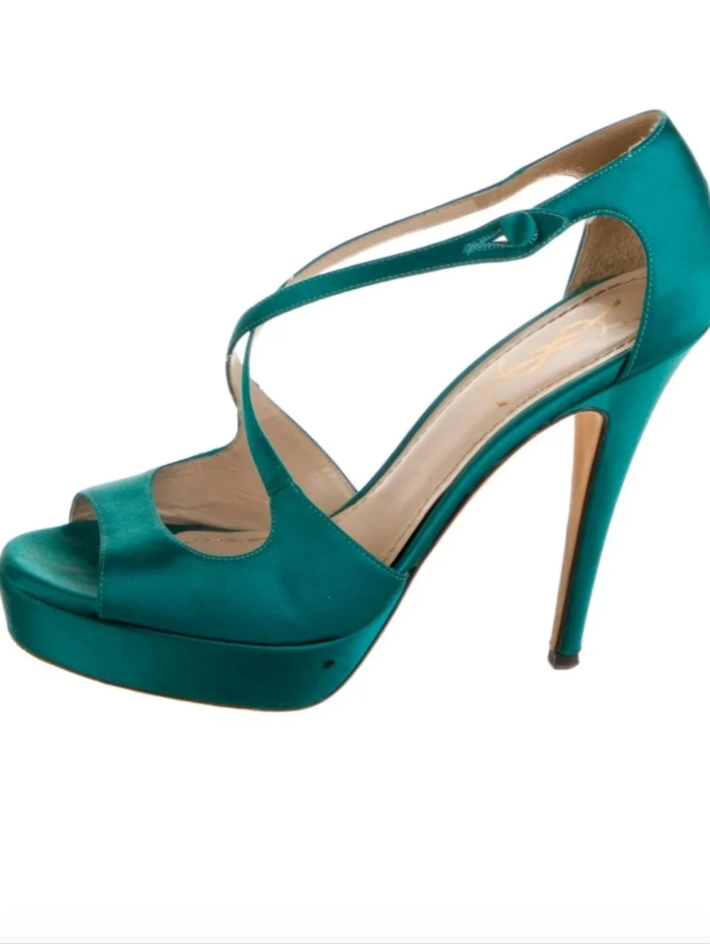 YVES SAINT LAURENT Teal Satin Platform Heels Crisscross Ankle Strap Stiletto - Picture 2 of 8